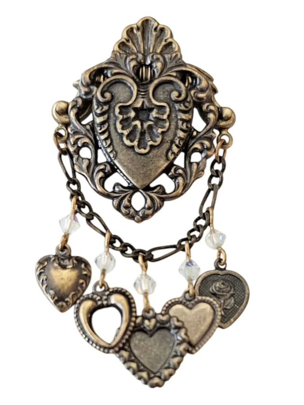 Heart Shield Pin Brass Chatelaine Style AB Rhinestone Dangle Lapel Tack, J24